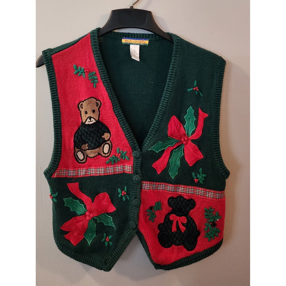 Vintage 90s Bryn Connelly Christmas Sweater Vest Teddy Bear Holly Plaid S/M